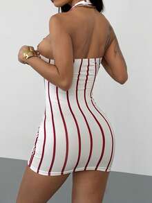 StreetHx Women's Sexy Fashion Street Numeric & Letter Striped Print Backless Halter Bodycon Mini Dress, Summer - Multicolor - View 2
