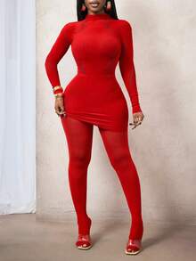 BamGleam Women's Sexy Hollow-Out 2 Pieces Bodycon Dress Set With Tight Leggings - Red - View 4