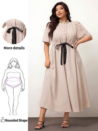 Enliva Plusstorlek Damklänning med knappar och halvöppen puffärm, dragsko i midjan, avslappnad klänning med lyktaärm/kortärmad långklänning