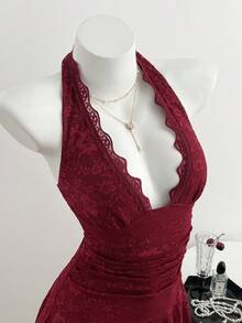 Elamini 女士酒红色V领露背蕾丝紧身连衣裙，适合情人节穿着