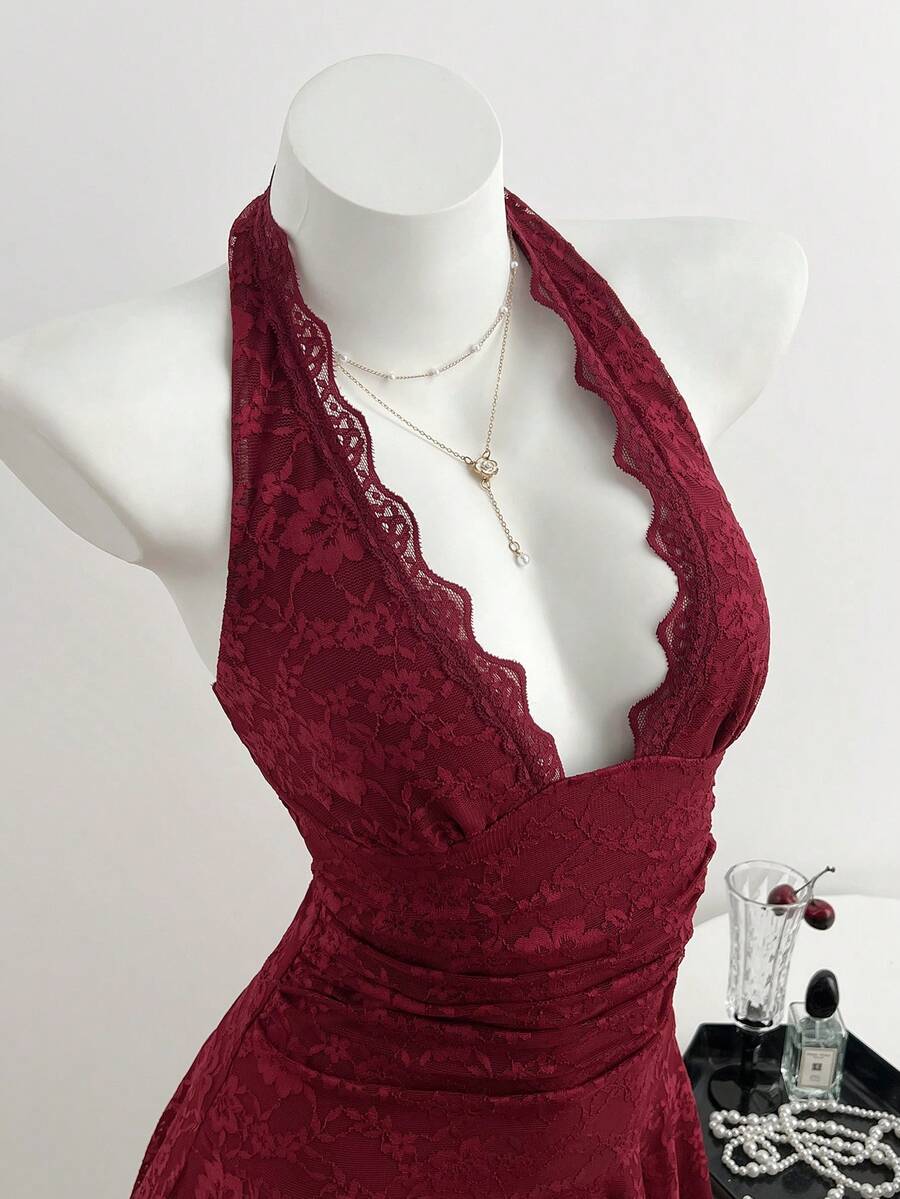 Elamini 女士酒红色V领露背蕾丝紧身连衣裙，适合情人节穿着