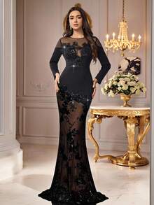 Coutiva Vestido de noche formal sexy y ajustado con cuello redondo, manga larga y transparente (muy enjoyado) - Granate - Ver 5