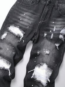 Manfinity EMRG Men's Contrast Color Distressed Slant Pocket Casual Versatile Jeans - Black - View 4
