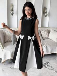 少女优雅珍珠镶边撞色蝴蝶结装饰无袖连衣裙 - 黑與白 - 查看 8