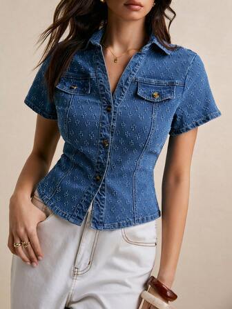 Poéselle 女士短袖单排扣休闲牛仔衬衫