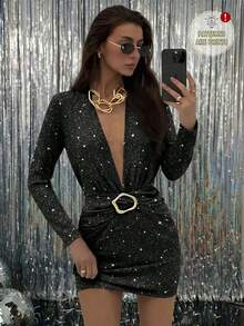 Aloruh 女士时尚优雅性感黑色仿水钻印花深V领金属扣装饰修身迷你连衣裙，黑色派对礼服，新年派对礼服，适合派对、聚会、约会、情人节约会、女士生日礼服、优雅派对礼服 - 黑色 - 查看 3