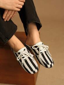Rosivie 女士条纹系带休闲时尚平底鞋 - 黑色 - 查看 6