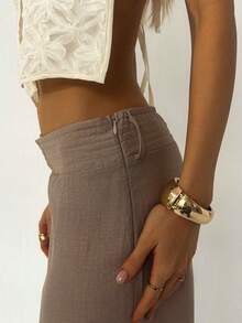 Aloruh Women's Casual Vacation Home Daily Pleated Linen Super Low Waist Loose Wide Leg Pants, Spring/Summer - Khaki - View 9