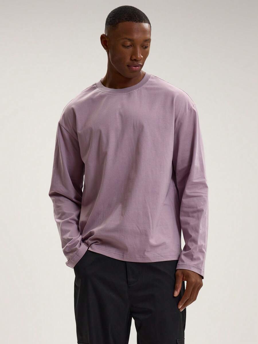Musero Men Oversized Crewneck Long Sleeve Basic Plain T-Shirt Capsule Wardrobe Layering SPRING SUMMER - Purple - View 1