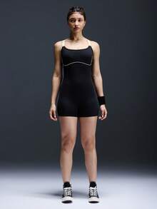 Powerista 撞色滚边时尚紧身连体裤无袖运动服 - 黑色 - 查看 3