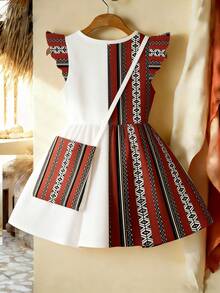 Vestido infantil de verão em vermelho e branco com patchwork em cores contrastantes, mangas flare e bolsa transversal. Estampa de estrelas, lua e listras geométricas. Leve e delicado. - Multicolorido - Ver 2