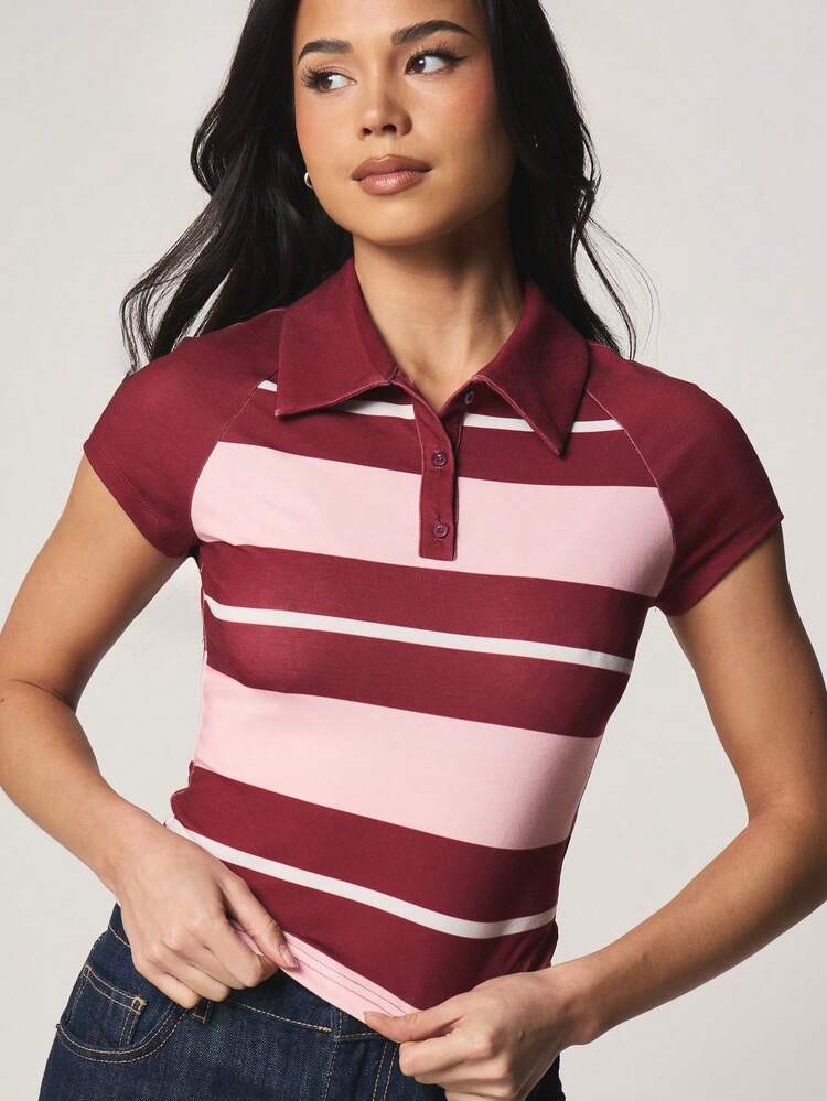 MISSGUIDED 래글런 스트라이프 폴로 셔츠 반팔 칼라 버튼 프론트 컬러 블록 가로 스트라이프 캐주얼 가을 패션