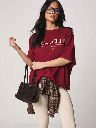 MISSGUIDED Wellness Club Oversized Short Sleeve Crew Neck T-Shirt With Front Slogan Print Casual Vintage Style Cotton Tee