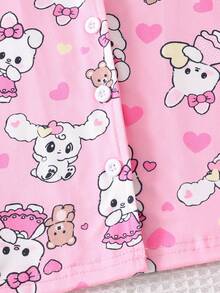 Young Girl' Pink Heart Rabbit Cartoon Print Short Sleeve Pajama Set, Flame Retardant - Pink - View 3