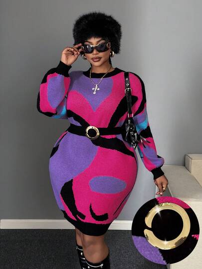 Maweii Women's Retro Round Neck Casual Simple New Year Daily Street Fashion Design Young And Elegant Style Dating And Dinner Dropped Shoulder Long Sleeve Black Purple Metal Ring Belt Waist-Cinching Slimming Abstract Pattern Jacquard Personalized Loose Short Plus Size Sweater Dress, Fall Winter Plus Size Dress Long Sleeve Dresses Curvy Plus Size Dresses Curve Bodycon Dress Curve Dress
