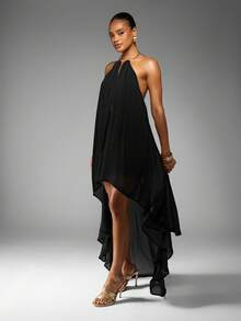 MISSGUIDED Halter Neck Asymmetrical Hem Chiffon Maxi Dress With Keyhole Front And Flowing Train - Black - View 4