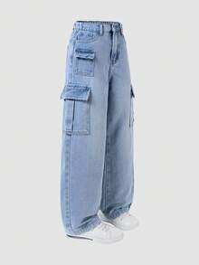 Tween Boy Cool Multi-Pocket Casual Street Style Drawstring Waist Washed Blue Denim Jeans - Light Wash - View 4