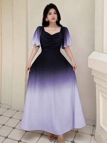 Modelyn 女士黑粉渐变蝙蝠印花褶皱短袖甜美法式夏日连衣裙 - 紫色 - 查看 5