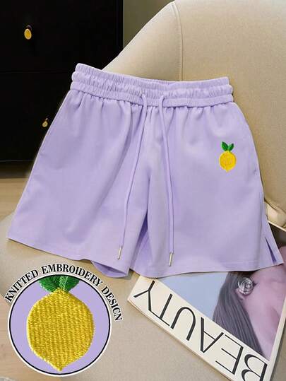 Resyla 女士休闲柠檬刺绣抽绳短裤