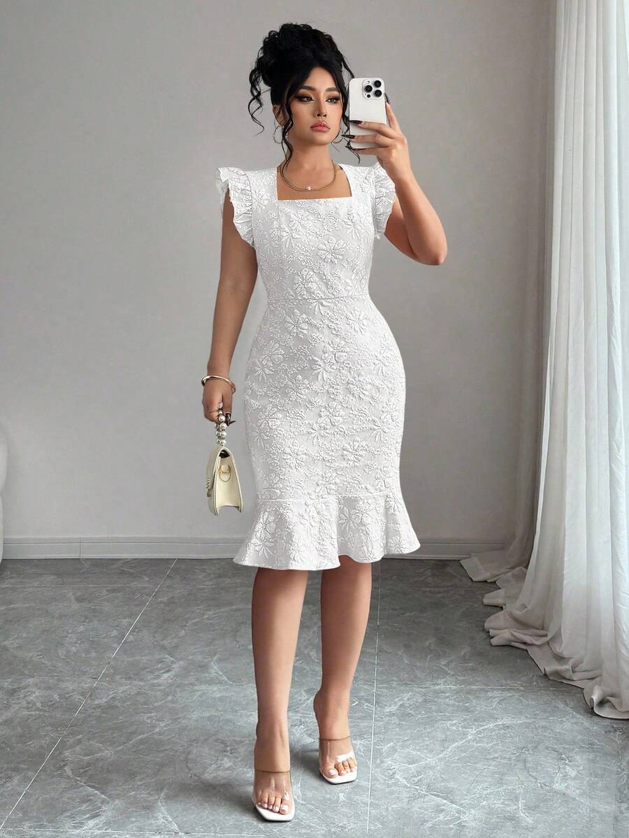 Đầm công sở Elenzga cỡ lớn, cổ vuông, tay ngắn, chất liệu jacquard thanh lịch, thích hợp cho mùa hè. - trắng - Xem 1
