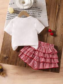 SHEIN LMoss Kids 2pcs/Set Young Girl Cherry Print Knit Top And Woven Plaid Skirt Outfit - Multicolor - View 2