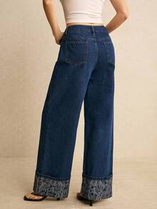 Poéselle 女士口袋宽松阔腿休闲百搭牛仔裤，低腰宽松版型，卷边裤脚，深蓝色印花面料。适合春夏、情人节、生日等场合，Y2K风格。 - 深色水洗藍 - 查看 2