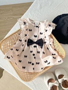 SHEIN 1pc Newborn Baby Girl Round Neck Sleeveless Bow Tie Print Button Up Black And Apricot Cute Casual Vest Dress With Round Hat, Suitable For Summer Outings Or Travel - Black and White - View 7