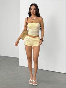 SHEIN PETITE New Summer Butter Yellow Beach Vacation Outfits Vacation Knit Tube Top Cropped Tank & Shorts Set Two Pieces Summer Sets 2 Pieces Sets Summer Summer Two Pieces Set 2 Pieces Summer Sets - Yellow - View 11