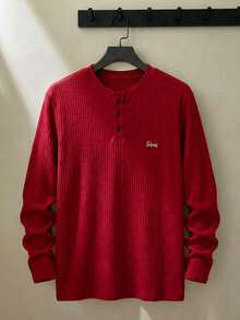 ESTAVOR Men's Casual Henley Neck Long Sleeve T-Shirt, Red, Spring/Autumn - Burgundy - View 1