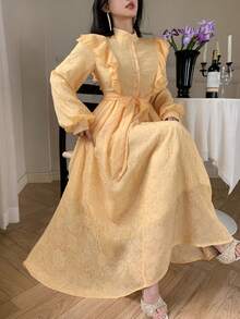 DAZY 女士优雅纯色纹理荷叶边领系带长连衣裙，春夏婚礼宾客礼服 - 黃色 - 查看 4