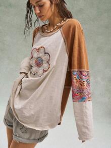 Bohemela 大码女式花卉贴花圆领插肩袖休闲宽松T恤 - 杏色 - 查看 3