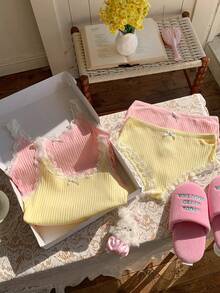 CovetEZ 2pcs Women Contrast Lace Camisole And Panty Set - Multicolor - View 5