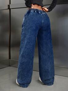 SHEIN Tall 休闲弹力腰直筒水洗牛仔裤 - 中等水洗藍 - 查看 2