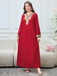 SHEIN Red Polka Dot Woven Print Pattern Robe For Teen Girls, Casual, Vacation, Daily Wear, Modest Arabic Jalabiya Style,Kids - Red - View 6