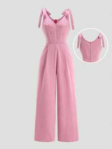 SHEIN MOD 女士休闲水洗无袖牛仔连体裤 - 粉色 - 查看 9
