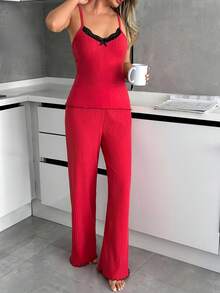 EURMUSE Cotton Women 2 Pcs Contrast Colour Lace Detail V Neck Rib Knit Sexy Top & Long Pants Homewear Comfort Solid Homewear Lounge Set - Red - View 4