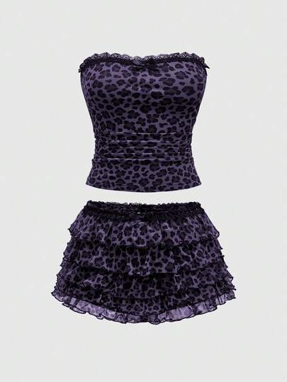 ROMWE J-Fashion Y2K豹纹蛋糕短裤两件套女装