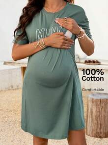 SHEIN Casual Printed Round Neck Short Sleeve Nursing Dress - Green - View 1