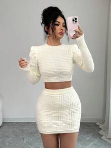 SHEIN Elenzya Women's Elegant Fitted Spiral Texture Long Sleeve Top And Bodycon Skirt 2 Pieces Knit Set, Spring/Summer - Apricot - View 1