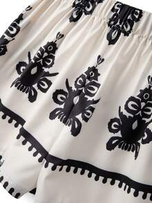 SHEIN Elenzya Women's Printed Mid-Waist Shorts With Attached Skirt, Elegant & Graceful, Summer - Apricot - View 4