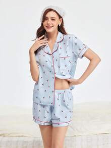 Bonmuse Bộ đồ ngủ in họa tiết quả anh đào ngọt ngào 2 món dành cho nữ, áo cổ ve cài nút tay ngắn và quần short nơ, đồ ngủ thường ngày mùa hè & đồ mặc nhà, bộ đồ hai mảnh, màu xanh nhạt mát mẻ - Màu xanh lam - Xem 8