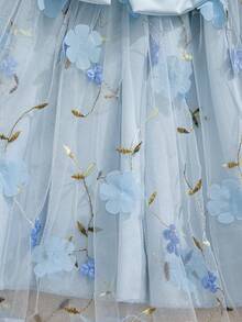 Souflis Souflis 法国新款女婴浅蓝色精致刺绣网纱无袖连衣裙，配3D蝴蝶结，适合派对、外出及各种场合。 - 淺藍色 - 查看 14