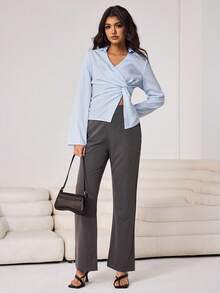 Aidyla 女士蓝色条纹编织收腰褶裥休闲衬衫，春夏款 - 藍色 - 查看 4