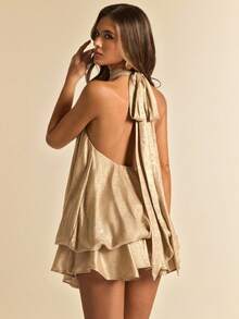 SHEIN BAE 金色纹理露背优雅迷你连衣裙，金色连衣裙，性感夏日连衣裙，适合夜店派对、外出、夏季穿搭、复古富贵风、早午餐连衣裙、婚礼宾客礼服、伴娘礼服、优雅连衣裙、度假沙滩连衣裙 - 金色 - 查看 2