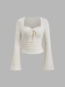 Sweetra 女士万圣节、感恩节、新年等节日，适合派对、通勤、日常穿着、旅行、度假。紧身上衣，饰有纹理蕾丝花边和蝴蝶结，喇叭袖弹力T恤，春/秋/冬季皆宜。 - 杏色 - 查看 3