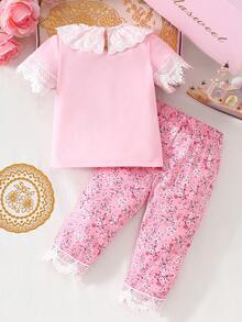 Sparklyn Baby Girls' T-Shirt Set With Ditsy Floral And Lace Trim, 2pcs Outfit, Traditional , Pink Floral And White Lace Design, Sweet And Cute, Soft Knit Fabric, Suitable For Party, Gathering, Formal Wear And Daily Wear, Traditional Arabic Baby Clothing Pants Suits Formal Pink For Baby Girl Baby Girl Clothes Ruffle Hem Baby Girl Princess Casual Pant Sets Two Piece Toddler Girls Dress Shirt And Pants Two Piece Set For Baby Girls Toddler Pants Suit For Girls - Pink - View 2