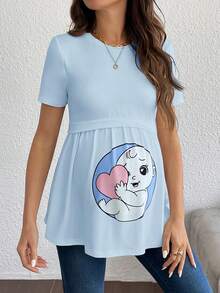 SHEIN Süßes bedrucktes Strick-Rundhals Kurzarm T-Shirt für schwangere Frauen - Babyblau - Übersicht 3