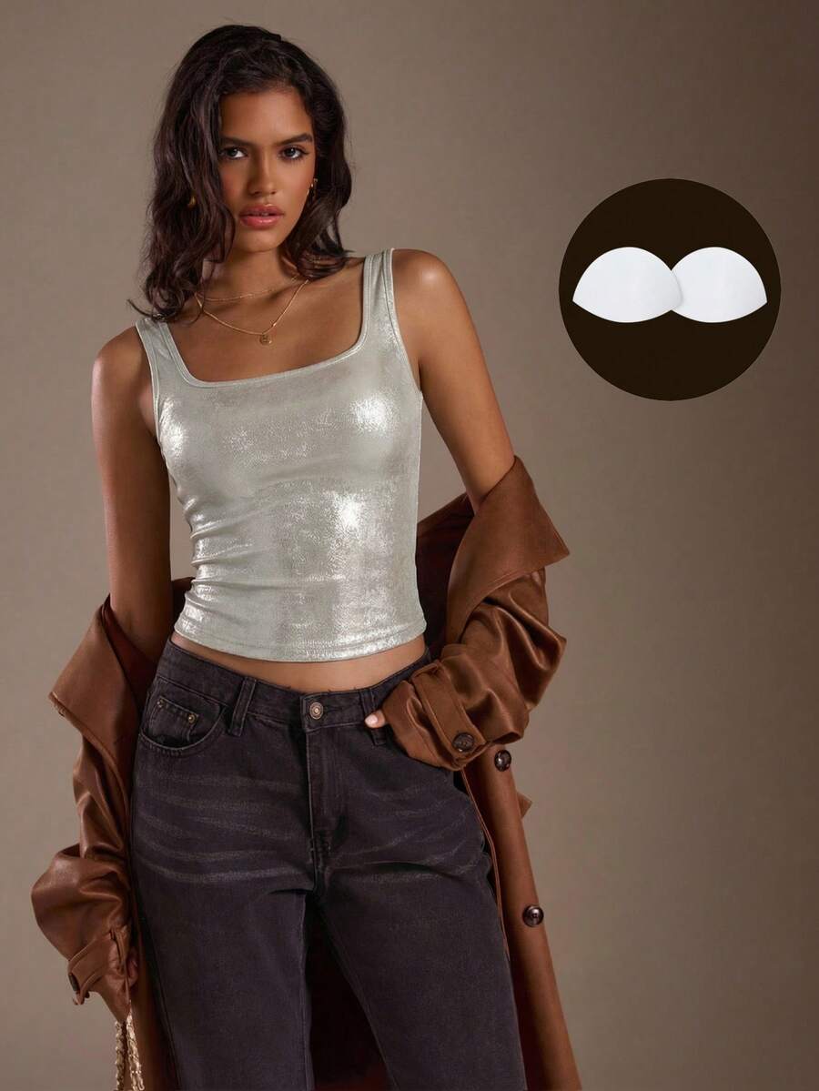 SHEIN Glamour Women's Shiny Fabric Streetwear Casual Sexy Fitted Camisole Tank Top, Suitable For Nightclub Party And Daily Wear Silver Crop Top Silver Tops For Women Glitter Top Metallic Top Sleeveless Metallic Top Shimmer Top Square Neck Top