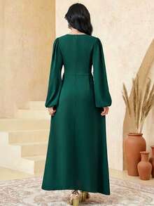 SHEIN Elegant Luxurious Solid Olive Green Square Neck Gold Thread Decor Ruffle Waist Tie Lantern Sleeve Dress, Abaya Style Dress, Girls Spring Autumn Dress, Everyday Wear, Arabic Jalabiya Dress, Dignified Embroidered Green Dress Dark Green Dress Long Sleeve Green Dress Elegant Green Dress Green Dresses For Women Muslim Girl Dress - Dark Green - View 2