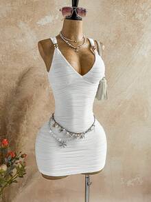 Soleia Women's Textured Mini Bodycon Dress, Fashionable For Summer Vacation - White - View 6